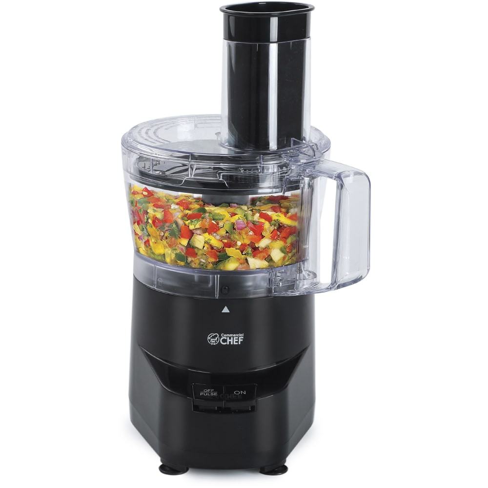Mince, mix and shred food with the Commercial Chef 4-Cup 2-Speed Food Processor. The ABS construction affords durability, while the anti-slip rubber feet keep the processor stable.  Durable ABS construction.  Reversible cutting disk is capable of mixing, mincing, slicing and shredding.  Push button control with 2 speeds: on and off/pulse.  Bowl, blades and accessories are dishwasher safe.  Anti-slip rubber feet provides stability.  Includes a fritter cutter, cutting disk, coarse wire cutter and blade attachment.  Backed by the manufacturers 1-year limited warranty.