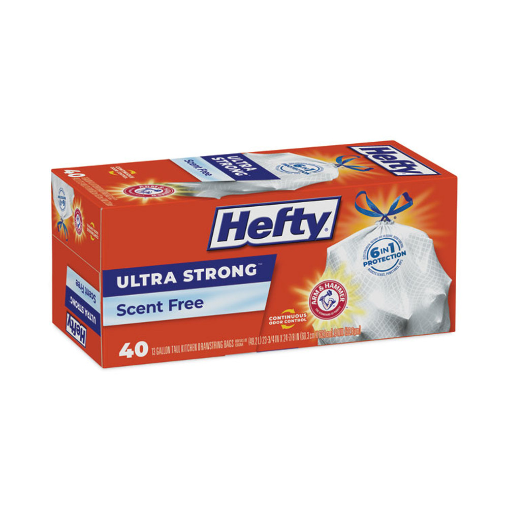 REYNOLDS FOOD PACKAGING Hefty® E88338CT Extra Heavy-Duty Ultra Strong Tall Kitchen Trash Bags, Drawstring, 13 gal, 23.75" x 24.88", White, 40 Bags/Box, 6 Boxes/CT