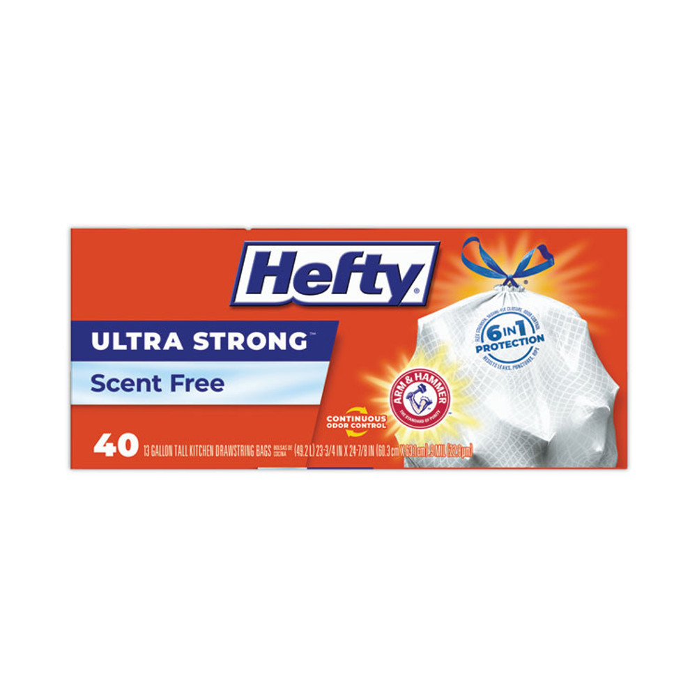 REYNOLDS FOOD PACKAGING Hefty® E88338CT Extra Heavy-Duty Ultra Strong Tall Kitchen Trash Bags, Drawstring, 13 gal, 23.75" x 24.88", White, 40 Bags/Box, 6 Boxes/CT