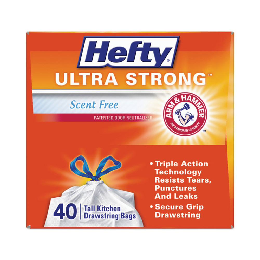 REYNOLDS FOOD PACKAGING Hefty® E88338CT Extra Heavy-Duty Ultra Strong Tall Kitchen Trash Bags, Drawstring, 13 gal, 23.75" x 24.88", White, 40 Bags/Box, 6 Boxes/CT