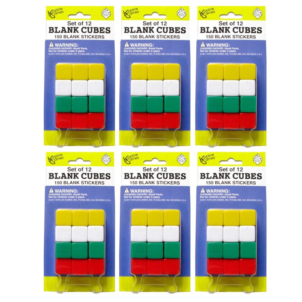 Get creative in the classroom with this Koplow Games Blank Dice Set. Complete with stickers, this dice set makes it easy to create engaging games that complement a wide variety of lessons.  Ideal for making custom games or replacing missing dice.  Plastic cubes measure 5/8in.  Circular stickers measure 1/2in.  Each pack contains 12 blank cubes with 150 stickers.  Set includes 6 packs (72 dice with 900 stickers total).