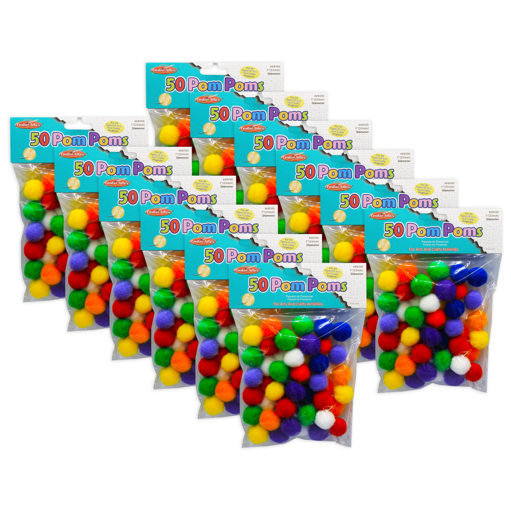 EDUCATORS RESOURCE Charles Leonard CHL69500-12  Pom-Poms, Assorted Colors, 50 Pom-Poms Per Pack, Set Of 12 Packs