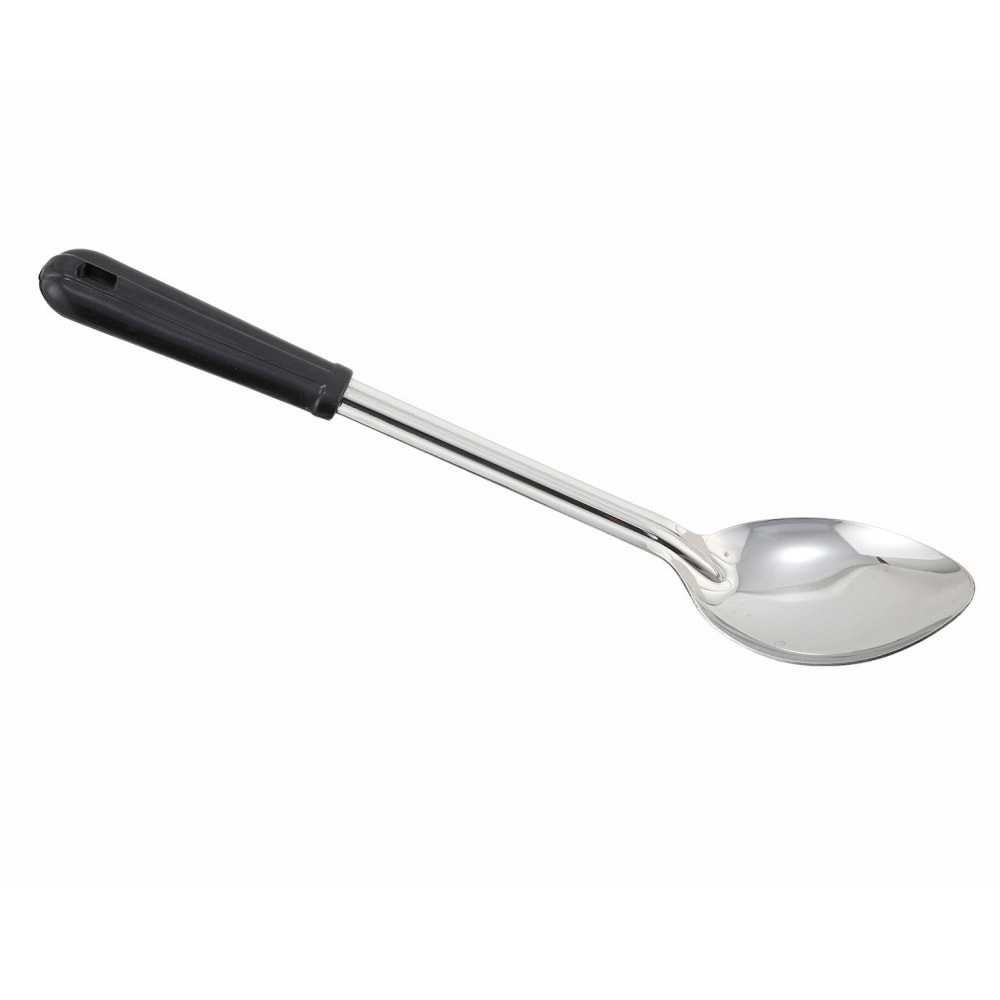Serve a variety of foods with this helpful, 13in serving spoon featuring a comfortable plastic handle. The stainless-steel construction helps to ensure that you can use this spoon for a long time to come.  13in serving spoon provides plenty of reach for easy accessibility.  Plastic handle is comfortable and makes it easier to hold and use the serving spoon.
