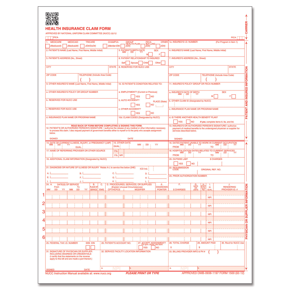 Satisfy medical billing requirements with compliant CMS-1500 forms. Its always best to have forms on hand to prevent delays. Stock up on CMS-1500 health insurance claim forms today.  Required for healthcare providers to bill a patients insurance company for reimbursement of medical claims.  CMS-1500 (version 02/12) replaces form (version 08/05). Providers should check with their payer and/or clearinghouses to determine which version they will accept.  Forms must adhere to strict printing standards that govern the layout, paper and ink.  Each form must have accurate content and conform to the Health Insurance Portability and Accountability Act (HIPAA). Developed in conjunction with all the governing agencies, including the National Uniform Claim Committee (NUCC), the National Uniform Billing Committee (NUBC), the CMS Centers for Medicare and Medicaid Services, the Health and Human Services Agency, and the American Hospital Association.  20-lb paper with OCR "dropout" red ink for greater scanning accuracy.  Corresponding envelopes sold separately.  This CMS-1500 claim form pack of 2500 will ensure you have plenty of forms on hand. CMS-1500 claim forms in white (pack of 2500) offer a professional look.  Each CMS-1500 claim form laser-cut sheet provides convenience.  SFI Certified - Certified to meet SFI standards.