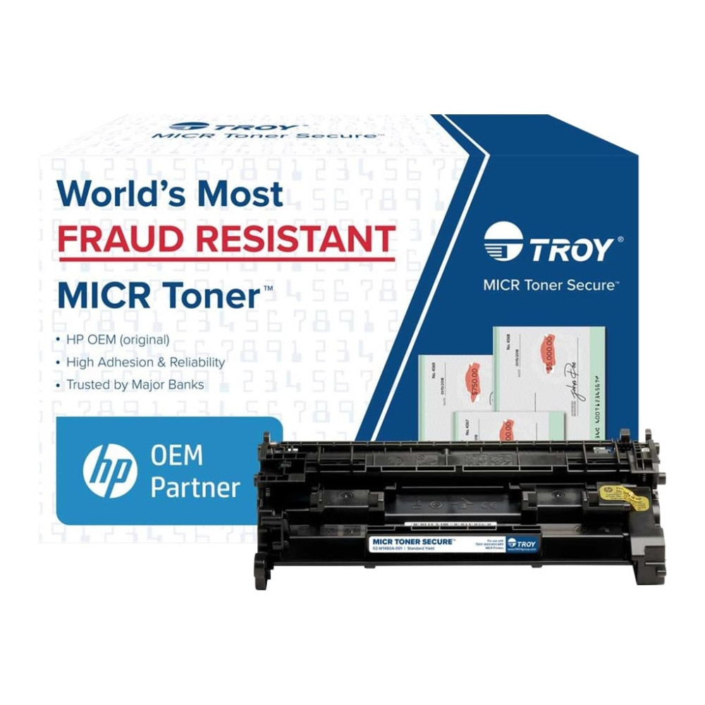 TROY MICR Toner meets or exceeds the highest check printing standards, including ABA and ANSI standards. MICR cartridges are precision-matched to meet the print characteristics of each printer. Produced to the tightest specifications, MICR toner cartridges offer you quality, reliability, and security. TROY MICR Toner Secure was created to help prevent check fraud. The patented security agent forces a bright red stain to permeate through the check if chemical alteration is attempted. High adhesion properties strengthen the bond between the toner and check paper to help guarantee concise bank readability and to help prevent check scraping (a common fraud technique) and bank fees for you. HP only supports MICR products in LaserJet Printers that have been modified to the TROY specification. TROY products exceed OEM standards, are fully supported by HP Service and will not void the HP manufacturer's warranty. Printer reliability is guaranteed with MICR toner cartridges produced by TROY. TROY's unique manufacturing and testing process has resulted in a toner which is precision-matched for each unit helping to maintain optimum performance of your laser printer.