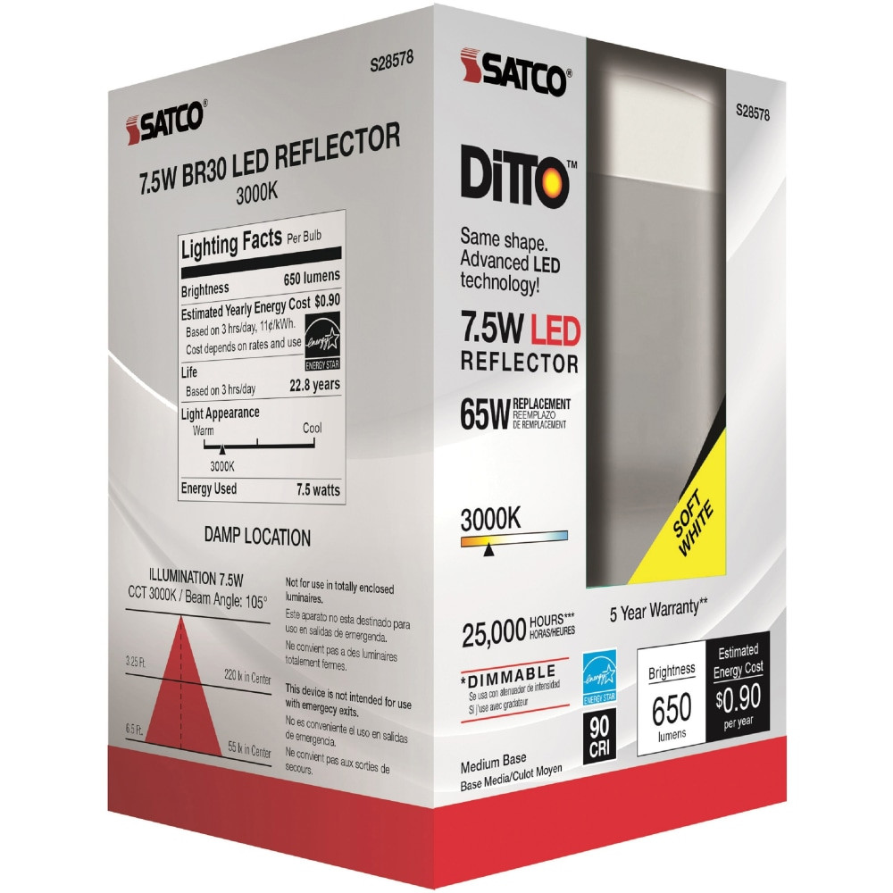 SATTLELIGHT PRODUCTS INC. Satco S28578  7.5W BR30 LED Bulb - 7.50 W - 65 W Incandescent Equivalent Wattage - 120 V AC - 650 lm - BR30 Size - Frosted White - Warm White Light Color - E26 Base - 25000 Hour - 4940.3 deg.F (2726.8 deg.C) Color Temperatur