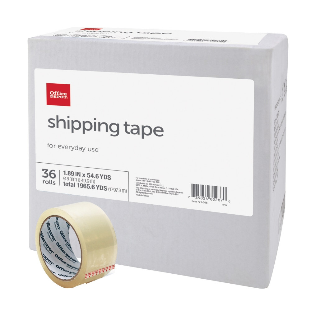 Stock up on Office Depot Brand Multipurpose Shipping Tape. Keep some rolls in the office or at home to make sure you are always prepared. The adhesive is strong and fast-acting to securely seal packages. It also makes great carton sealing tape.  Packing and general purpose shipping tape with excellent holding power to ensure a secure seal.  Strong adhesive creates fast, clean seals.  Regular clear tape allows you to see box labels.  Moisture-resistant.  Ideal for home and office shipping needs.  Economical all purpose Packing, Shipping and Mailing tape for lighter jobs.  Transparent.  36 rolls of packing tape.