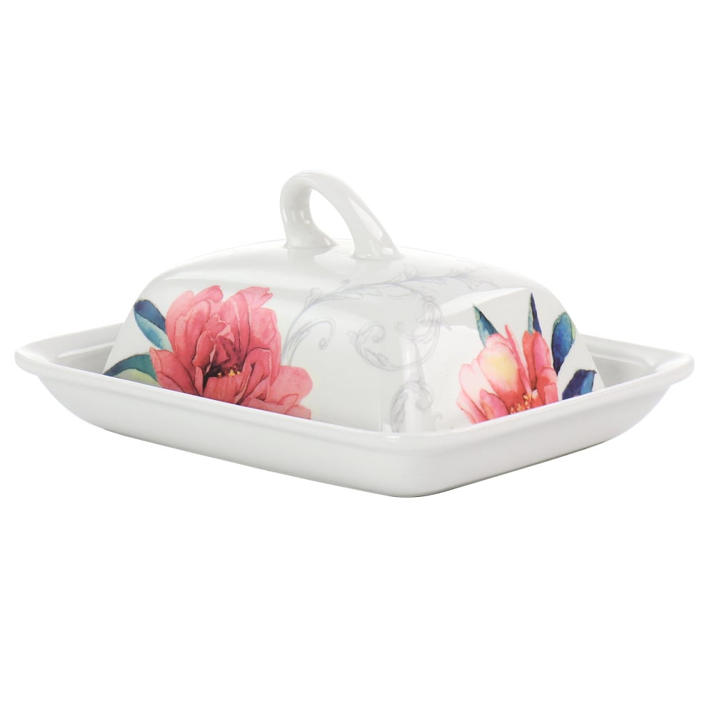 GIBSON OVERSEAS INC. Martha Stewart 995116429M  Fine Ceramic Butter Dish With Lid In Floral Design, 3in x 5-1/2in x 7-1/2in, White