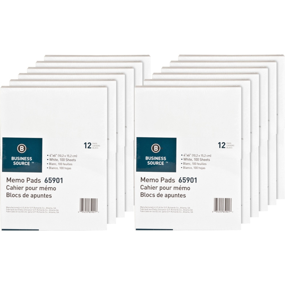 SP RICHARDS 65901CT Business Source Plain Memo Pads - 100 Sheets - Plain - Glued - Unruled Front Ruling - 15 lb Basis Weight - 4in x 6in Sheet Size - White Paper - Chipboard Backing - 1/Pack - 12 / Carton