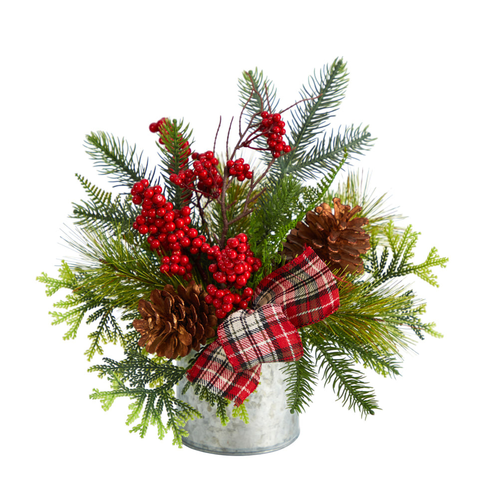 NEARLY NATURAL INC. A1852 Nearly Natural Holiday Winter 12inH Pine Cones, Berries, Greenery And Plaid Bow Artificial Christmas Arrangement, 12inH x 10inW x 8inD, Green/Silver