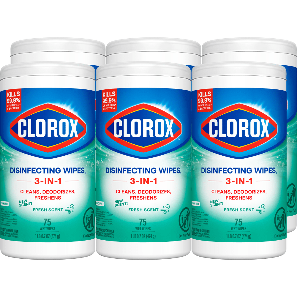 Clorox Disinfecting Wipes clean, disinfect, deodorize and remove allergens for 5x cleaning power* and leave behind a pleasant scent. These disinfecting wipes clean and disinfect with antibacterial power that kills 99.9% of viruses and bacteria that can live on surfaces, including COVID-19* Virus, staph, E. coli, MRSA, salmonella, strep and Kleb. These all-purpose disposable wipes remove common allergens, germs and messes on surfaces like kitchen counters, bathroom surfaces and more and can prevent the growth of bacteria* for up to 24 hours. Wipes are safe to use on finished wood, sealed granite and stainless steel. Clean with bleach-free wipes to keep dirt and germs away. *5x cleaning power: cleans, disinfects, deodorizes, removes allergens, leaves a scent, removes dirt, removes grime. Kills COVID-19 virus: kills SARS-CoV-2 on hard, nonporous surfaces. Use as directed. Prevents the growth of bacteria: odor causing bacteria on non-food contact surfaces. Allow product to air dry.  DISINFECTING WIPES: Clorox Disinfecting Wipes are proven to kill COVID 19 Virus* in 15 seconds, cleans and kills 99.9% of viruses and bacteria with powerful, 5x cleaning power* wipe, Package may vary  ALL PURPOSE WIPE: These all purpose disposable wipes remove common allergens, germs and messes on surfaces like kitchen counters bathroom surfaces and more, Prevents bacteria* growth for up to 24 hours  MULTI SURFACE CLEANER: Wipes are safe for finished wood sealed granite, stainless steel and non food contact surfaces in the home, office, classroom, pet area, locker room and more  DISPOSABLE WIPES: This wipe canister easily dispenses disposable antibacterial wipes with a refreshing scent, dispose of wipes according to manufacturer instructions  GREAT FOR COMMERCIAL USE: Ideal for use in offices, day care centers, schools, hotels, restaurants and other commercial facilities