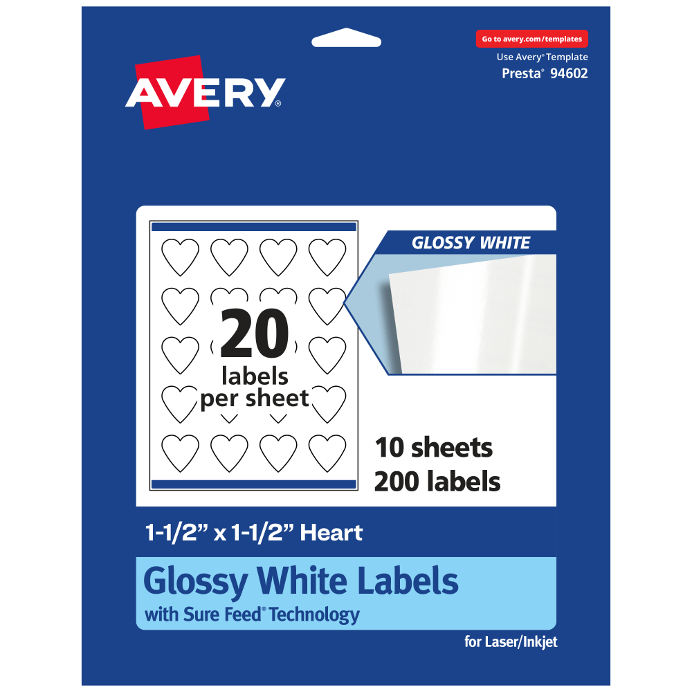 AVERY PRODUCTS CORPORATION 94602-WGP10 Avery Glossy Permanent Labels With Sure Feed, 94602-WGP10, Heart, 1-1/2in x 1-1/2in, White, Pack Of 200