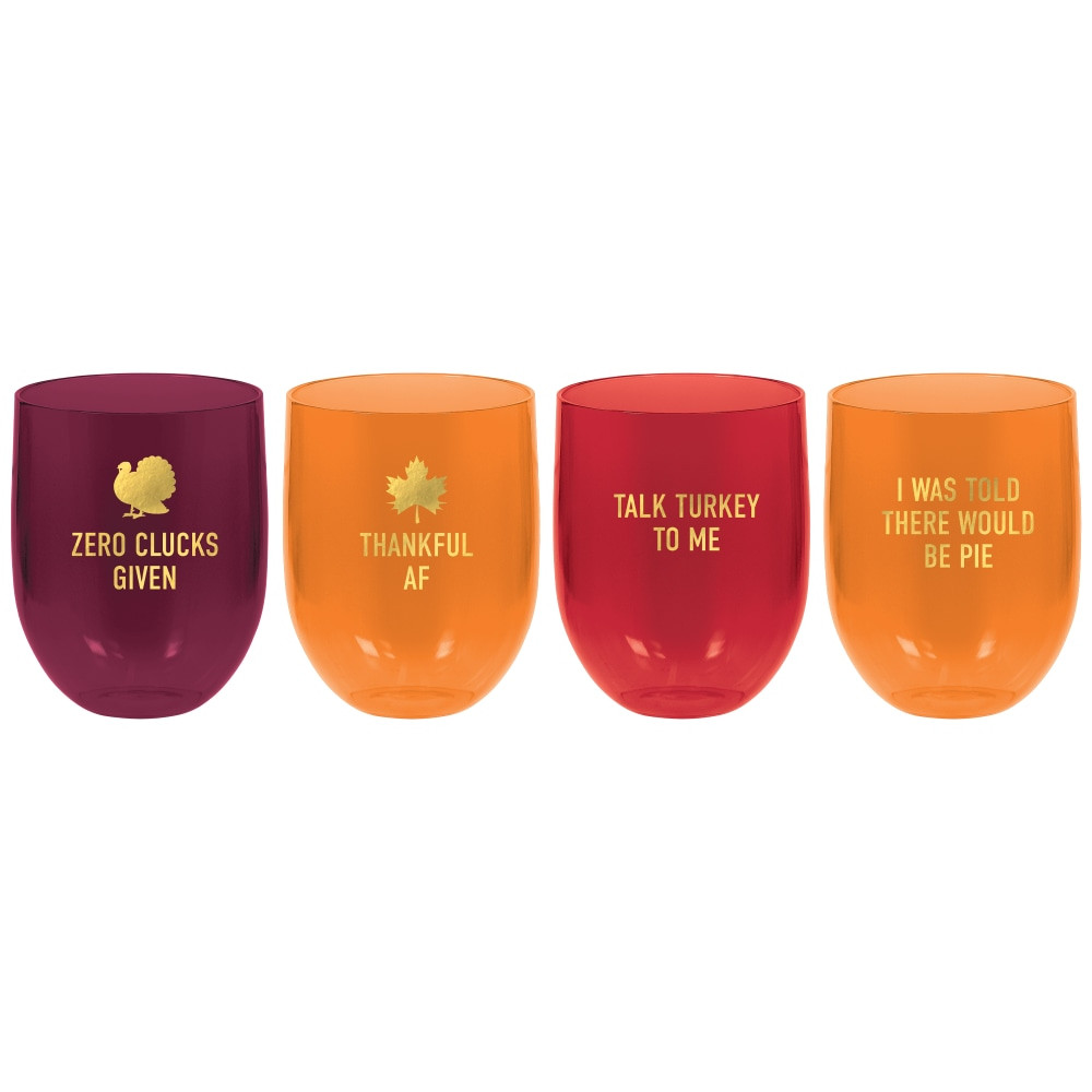 AMSCAN 350641  Thanksgiving Plastic Wine Glasses, 15.2 Oz, Multicolor, Set Of 4 Glasses