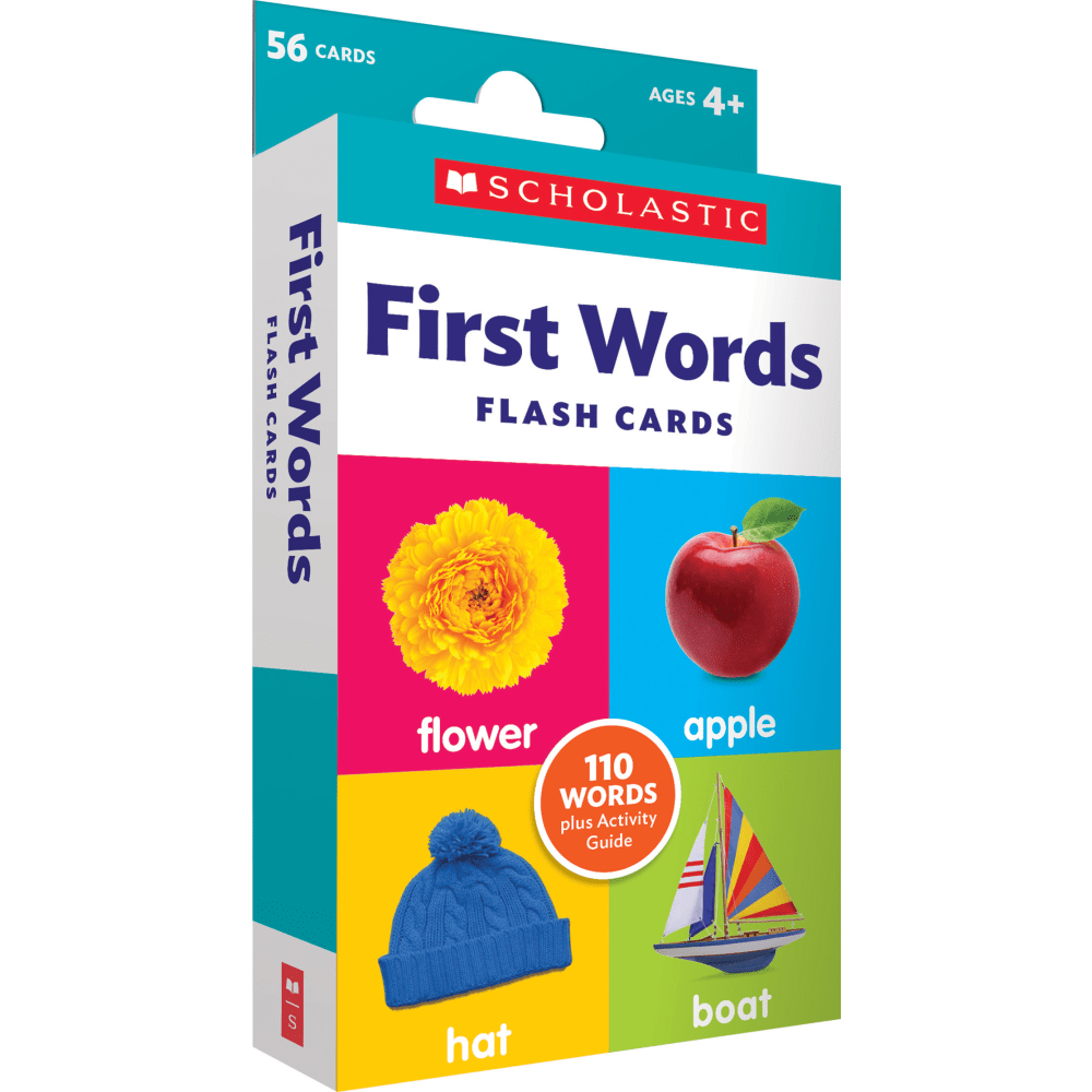 Watch as your child builds their vocabulary with the Scholastic First Words flash cards. These cards contain 110 common word with match photographs, along with tips and tricks, to reinforce learning.  Helps test vocabulary skills.  Laminated card stock.  Contains 110 common words with photographs.  Provides tips and tricks for additional learning.  For ages 4 and up.