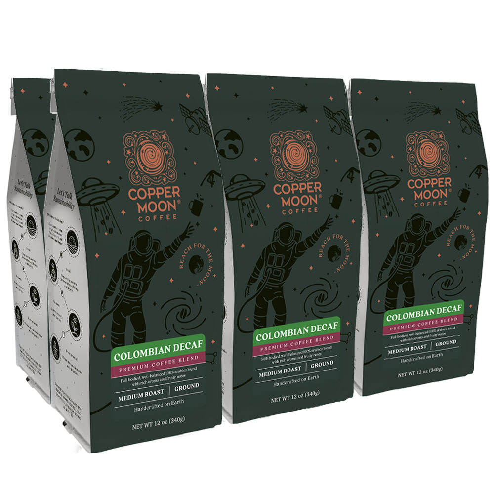 GLOBAL MARKETING PARTNERS Copper Moon 202101  World Coffees Ground Coffee, Decaffeinated, Colombian, 12 Oz Per Bag, Carton Of 6 Bags