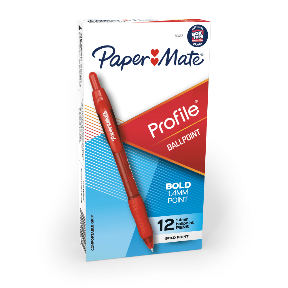 Choose these Paper Mate pens when smooth, comfortable writing is a must. The retractable tip helps keep your pockets, purses and bags protected, so its easy to carry with you wherever you go.  Profile retractable pens unite the smooth feeling of a gel pen with quick-drying, super-bold ink.  Click-advance retractable ballpoint pen tip helps protect pockets and purses.  Paper Mate pens with an extra-smooth writing system and soft comfort grips provide an easy writing experience.  Comes in a pack of 12 red pens.