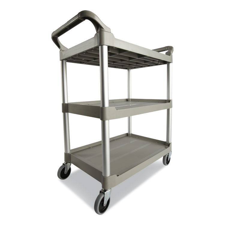 RUBBERMAID COMMERCIAL PROD. 342488PM Three-Shelf Service Cart, Plastic, 3 Shelves, 200 lb Capacity, 18.63" x 33.63" x 37.75", Platinum