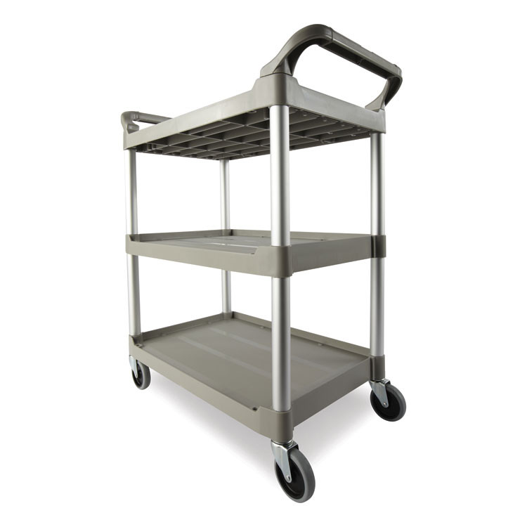 RUBBERMAID COMMERCIAL PROD. 342488PM Three-Shelf Service Cart, Plastic, 3 Shelves, 200 lb Capacity, 18.63" x 33.63" x 37.75", Platinum