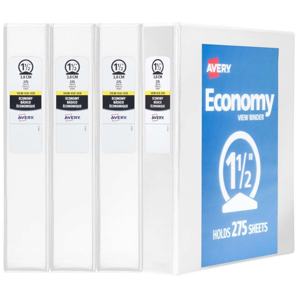AVERY PRODUCTS CORPORATION 19201 Avery Economy View 3 Ring Binders, 1-1/2in Round Rings, White, Pack Of 4