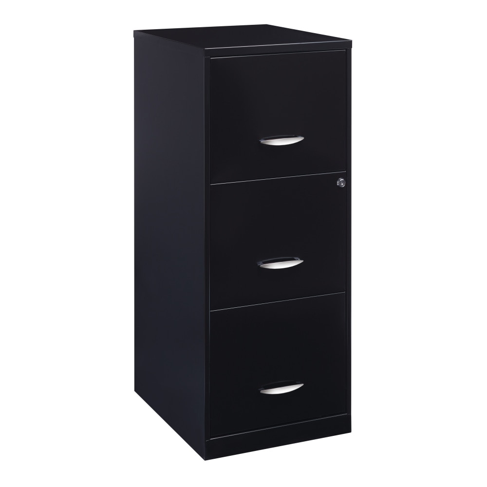 A file cabinet is an office essential. With a space-saving design that is ideal for small or personal offices, this Realspace 3-drawer vertical file cabinet delivers the organization you want with the compact footprint you need. Lock the top drawers to help protect important paperwork and enjoy smooth opening and closing thanks to the glide suspension system. With everything in its place, you can focus on what you do best.  Top 2 drawers can be locked.  Glide suspension.  High-sided drawers accept hanging file folders.  18inD 3-drawer vertical file cabinet.  Realspace 3-drawer file cabinet comes in black.  GREENGUARD Gold certified  - certified for low chemical emissions: UL.COM/GG - UL 2818. Ranked in two tiers: Certified and Gold.  Tested to meet ANSI/BIFMA Performance Standards - Manufacturer testing has been conducted on this product to meet specific performance requirements and safety standards set forth by the American National Standards Institute (ANSI) and the Business and Institutional Furniture Manufacturers.  Less harsh chemicals - made with fewer harsh chemicals, or safer chemicals than typical alternatives, helping  reduce your use of and exposure to substances that may be more harmful to your health and the environment.  Contains Recycled Content - See Specs for Details.