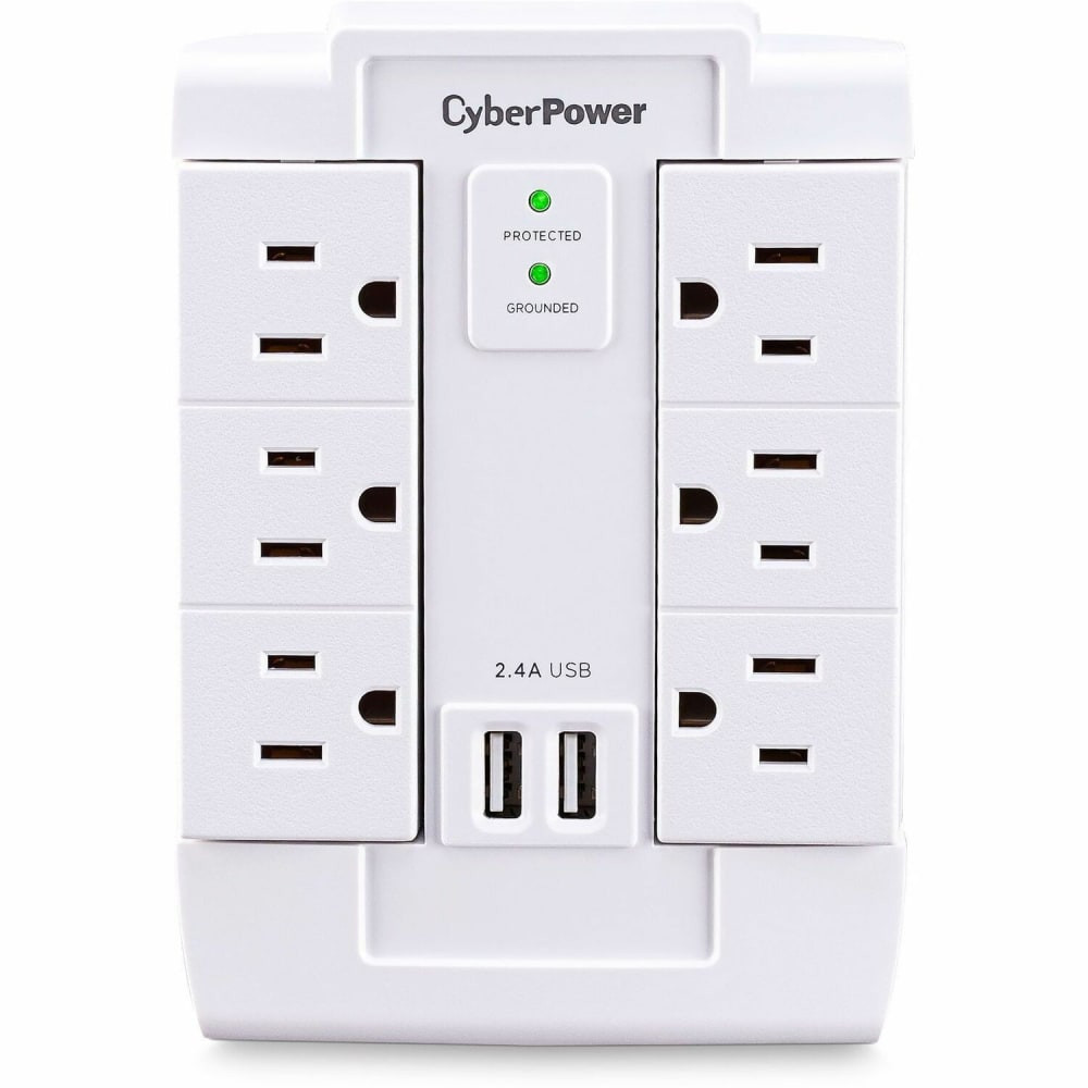 CYBERPOWERPC CyberPower CSP600WSURC2  CSP600WSURC2 6-Outlet Swivel Professional Surge Protector Wall Tap With 2 USB Ports, White