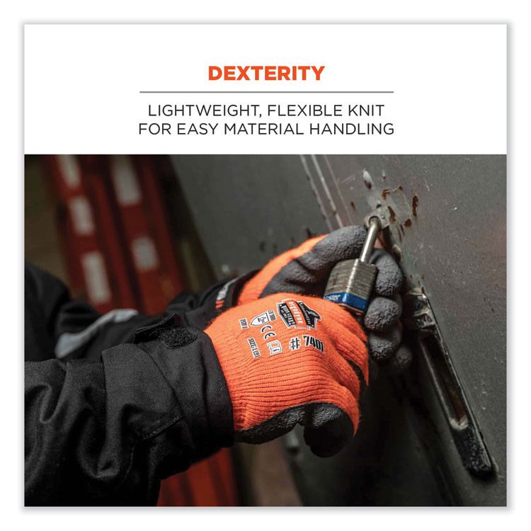 TENACIOUS HOLDINGS, INC. ergodyne® 17893 ProFlex 7401-CASE Coated Lightweight Winter Gloves, EN388: 2131X, 10" Long, Medium, Orange, 144 Pairs/Carton