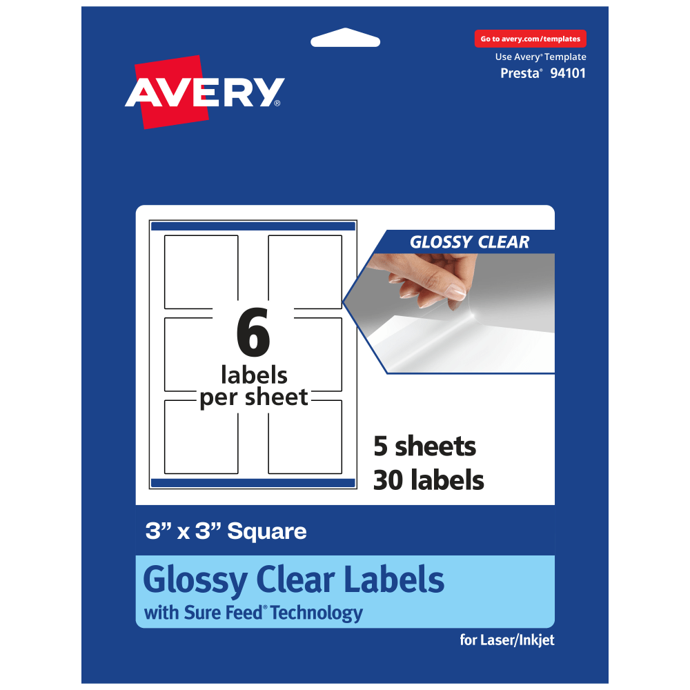 AVERY PRODUCTS CORPORATION 94101-CGF5 Avery Glossy Permanent Labels With Sure Feed, 94101-CGF5, Square, 3in x 3in, Clear, Pack Of 30