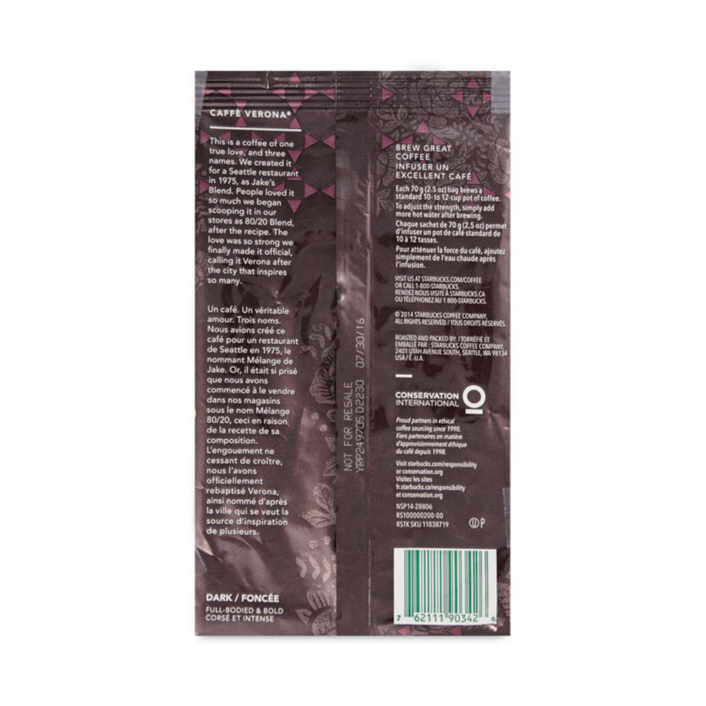 STARBUCKS COFFEE COMPANY 11018192CT Coffee, Caffe Verona, 2.5 oz Packet, 72/Carton