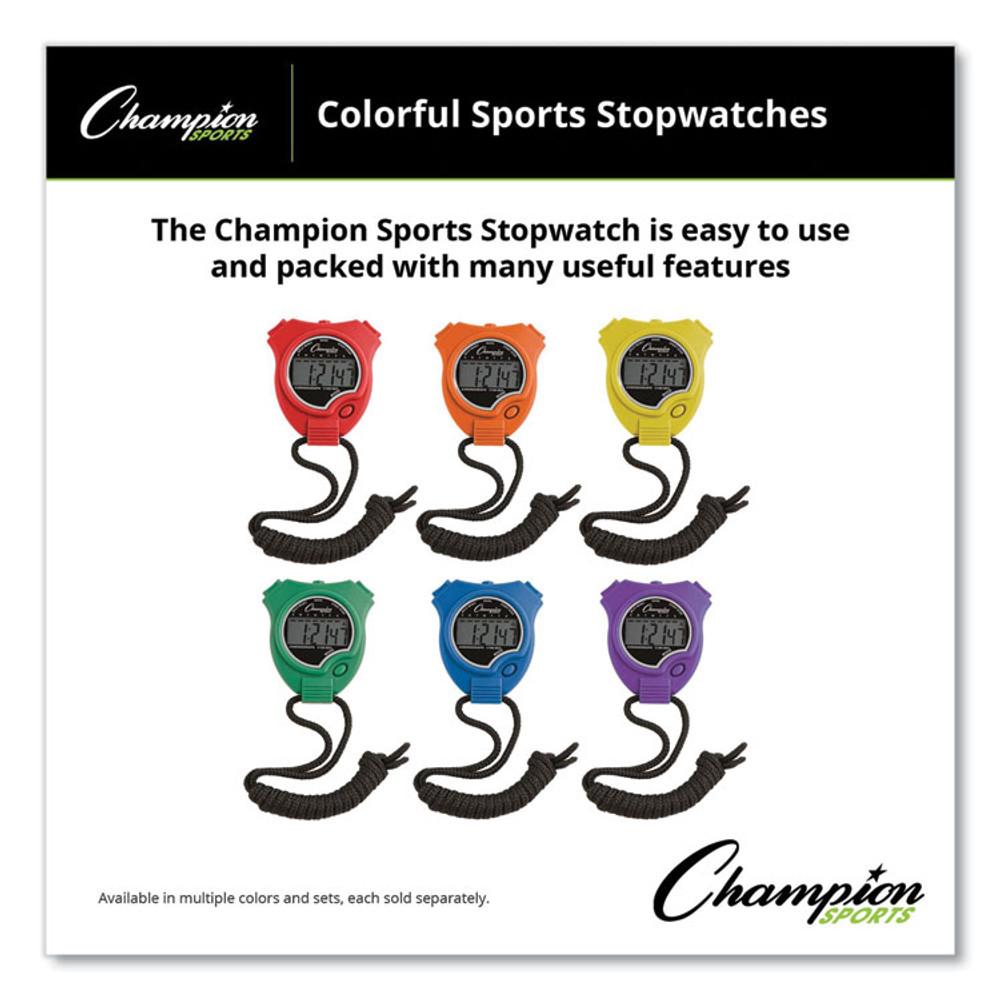 CHAMPION SPORT Sports 910SET Water-Resistant Stopwatches, Accurate to 1/100 Second, Assorted Colors, 6/Box