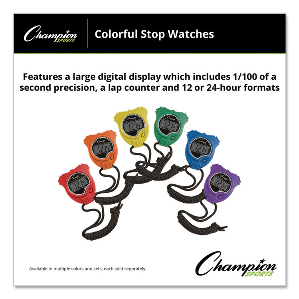 CHAMPION SPORT Sports 910SET Water-Resistant Stopwatches, Accurate to 1/100 Second, Assorted Colors, 6/Box