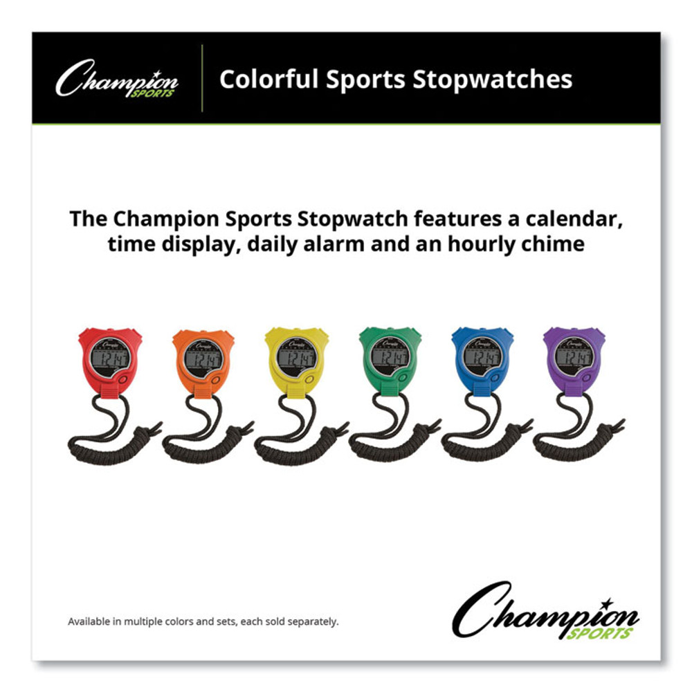 CHAMPION SPORT Sports 910SET Water-Resistant Stopwatches, Accurate to 1/100 Second, Assorted Colors, 6/Box