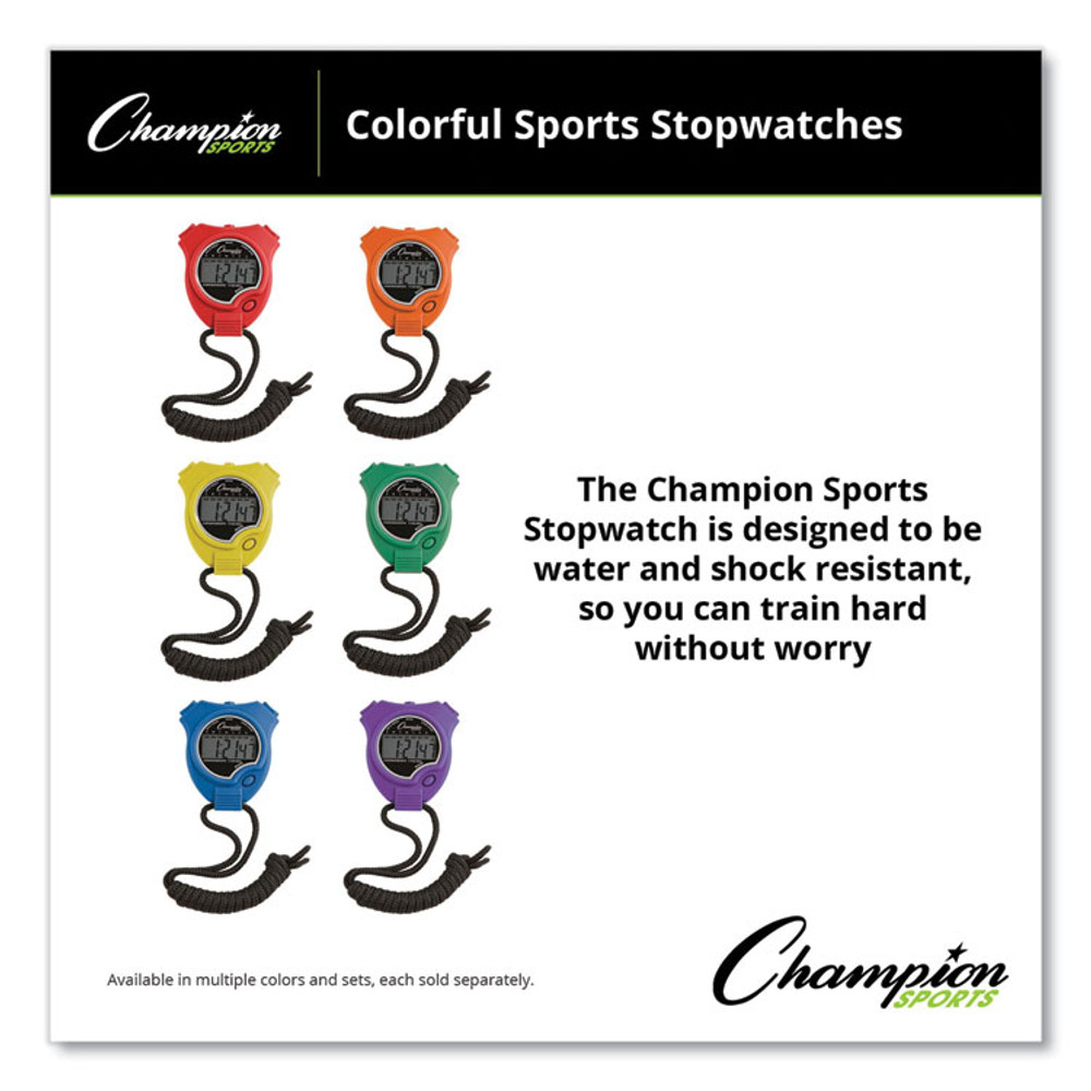 CHAMPION SPORT Sports 910SET Water-Resistant Stopwatches, Accurate to 1/100 Second, Assorted Colors, 6/Box