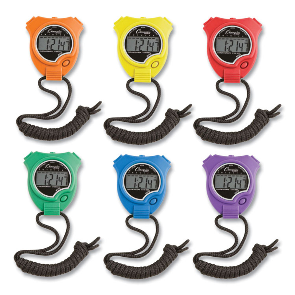 CHAMPION SPORT Sports 910SET Water-Resistant Stopwatches, Accurate to 1/100 Second, Assorted Colors, 6/Box