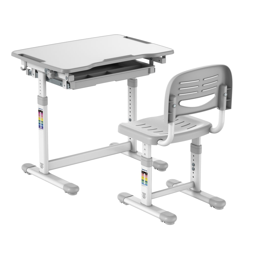 Provide a durable study area for your child with the Mount-It MI-10201 Kids Desk And Chair Set. This sturdy desk can be adjusted from 21.25in to 30in with a matching chair that can be adjusted from 12in to 17.3in, making it ideal for children of all ages. Adjustable feet offer stable installation on uneven surfaces, and a spacious drawer will allow you to store many different toys and craft items.  Grows with your child and promotes a healthy posture  Height adjustable desk and chair set is ideal for children ages 3 to 10  Weight Capacity: 165 lbs (desk), 220 lbs (chair)  Tilting desktop provides an optimal angle for writing, reading and drawing  Includes storage drawer for organizing  or art supplies  Desk comes in three colors with a matching chair. Assembly instructions included.