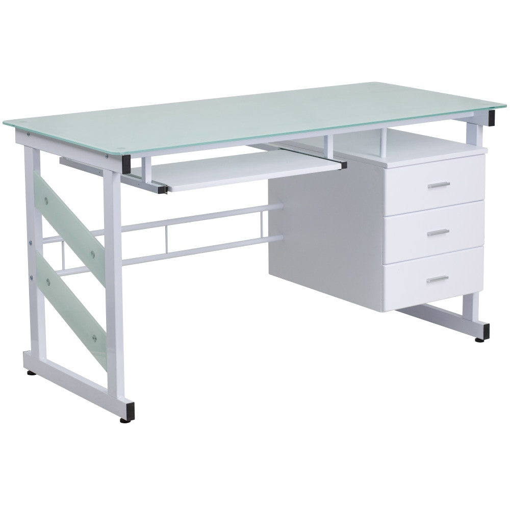 FLASH FURNITURE NAN-WK-017-GG  55inW Frosted Computer Desk With 3-Drawer Pedestal, White