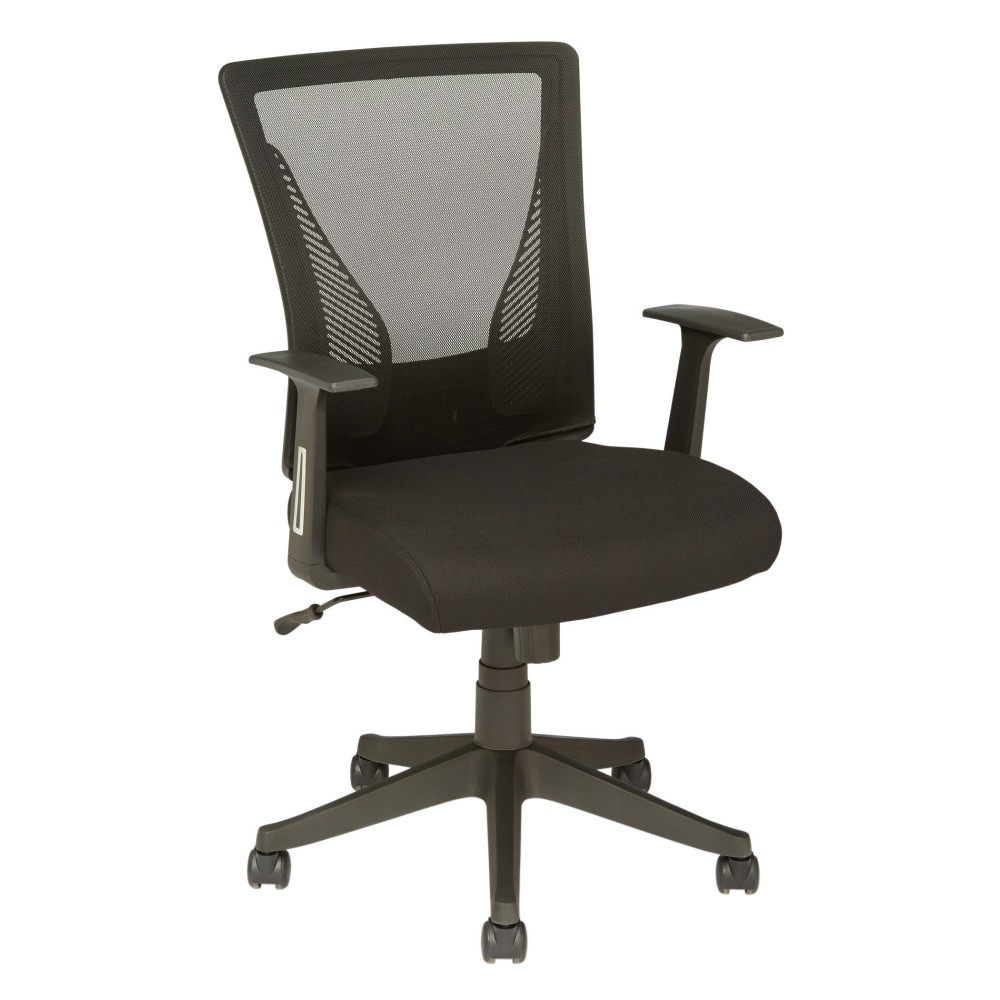 Create versatile seating in your home office with this Realspace Radley mesh mid-back task chair. An adjustable height and tilt feature enable seamless customization, and the waterfall seat cushion helps reduce stress on your legs. The soft upholstery and breathable mesh deliver plush comfort and allow free airflow.  Backrest features lumbar support to deliver added comfort.  T-arms for additional support to the shoulders and upper body.  Backed by the manufacturers 3-year limited warranty.  ANSI/BIFMA Compliant - This product has been tested and verified for compliance with rigorous performance requirements and safety standards related to specific furniture products.  Suitable as an office home chair or as a Student desk chair.