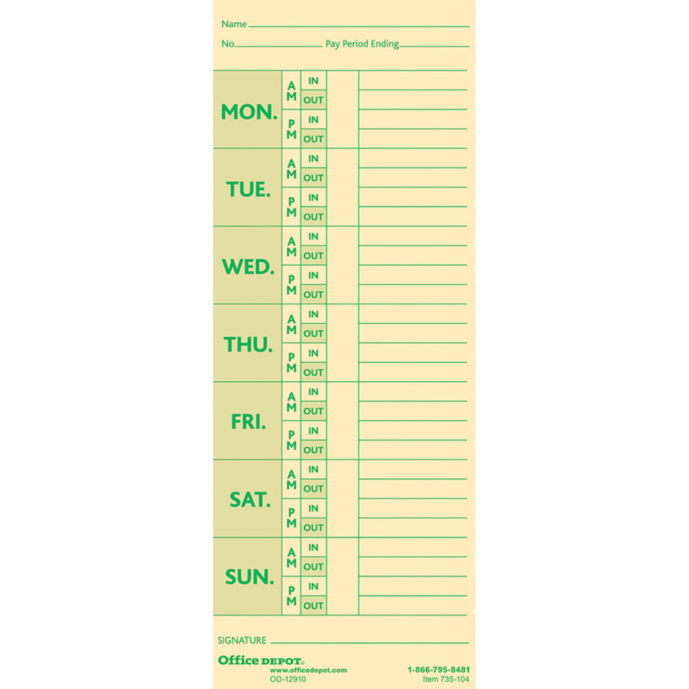Accurate record keeping is an important part of doing business. Make sure you can properly track employee time with easy-to-use weekly time cards. With a weekly reporting period, your team can see how many hours they have put in.  Office Depot time cards measure 3 3/8in x 8 7/8in.  Weekly reporting period.  Features a Monday to Sunday format for tracking employee attendance.  Time cards with deductions for easy tracking.