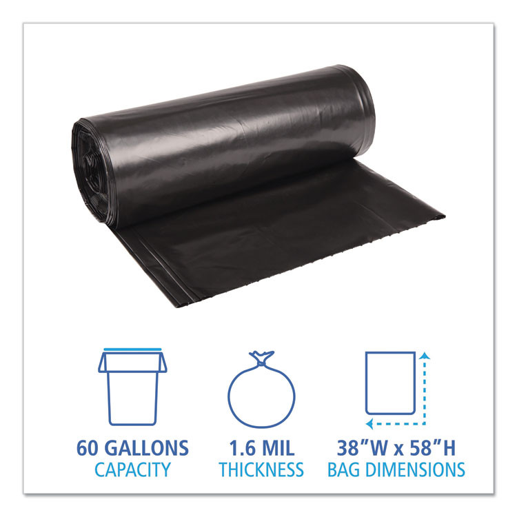 BOARDWALK 523 Recycled Low-Density Polyethylene Can Liners, 60 gal, 1.6 mil, 38" x 58", Black, Perforated, 10 Bags/Roll, 10 Rolls/Carton