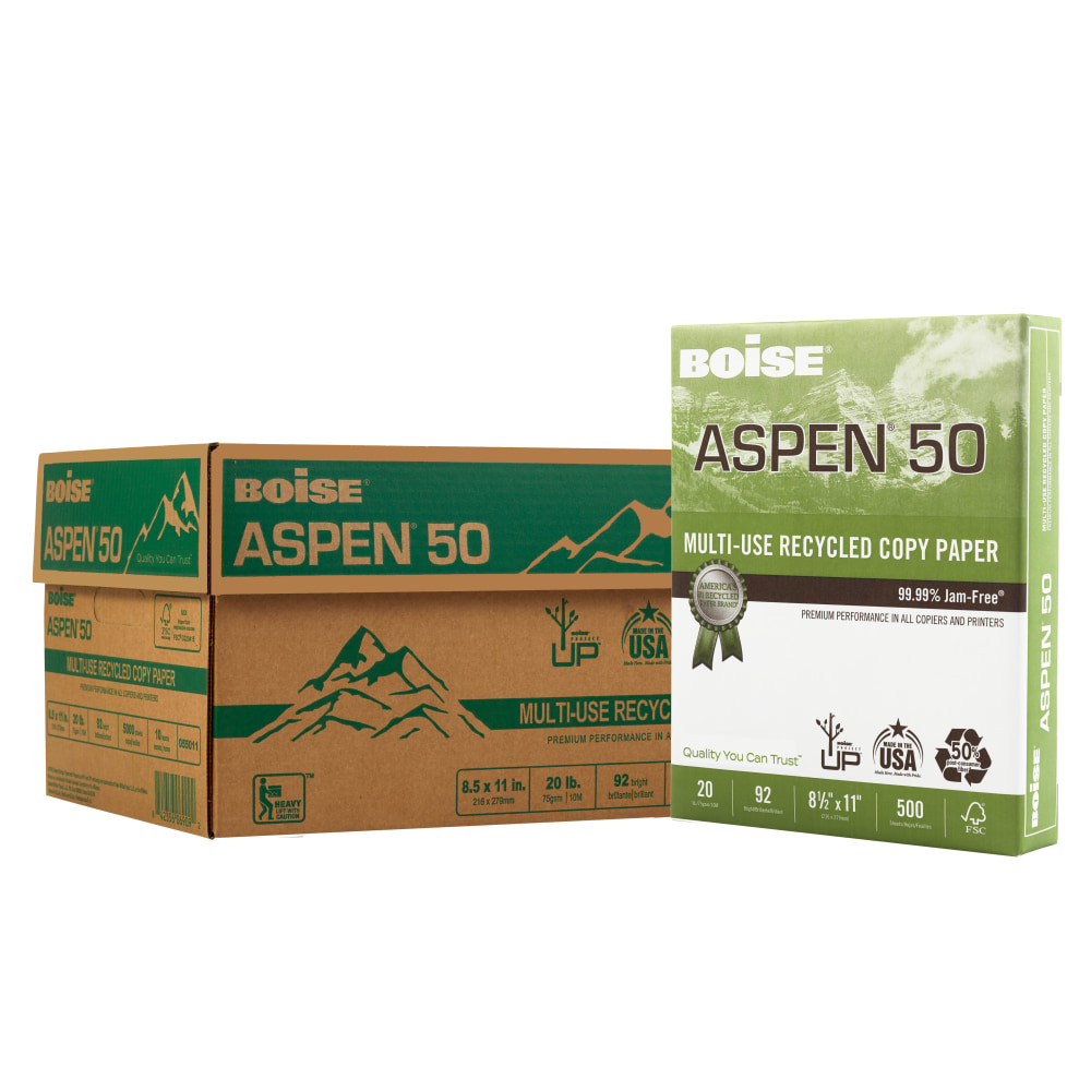 OFFICE DEPOT 055011-519SKD Boise ASPEN 50 Multi-Use Printer & Copy Paper, White, Letter (8.5in x 11in), 200000 Sheets Per Pallet, 20 Lb, 92 Brightness, 50% Recycled, FSC Certified, Case Of 10 Reams