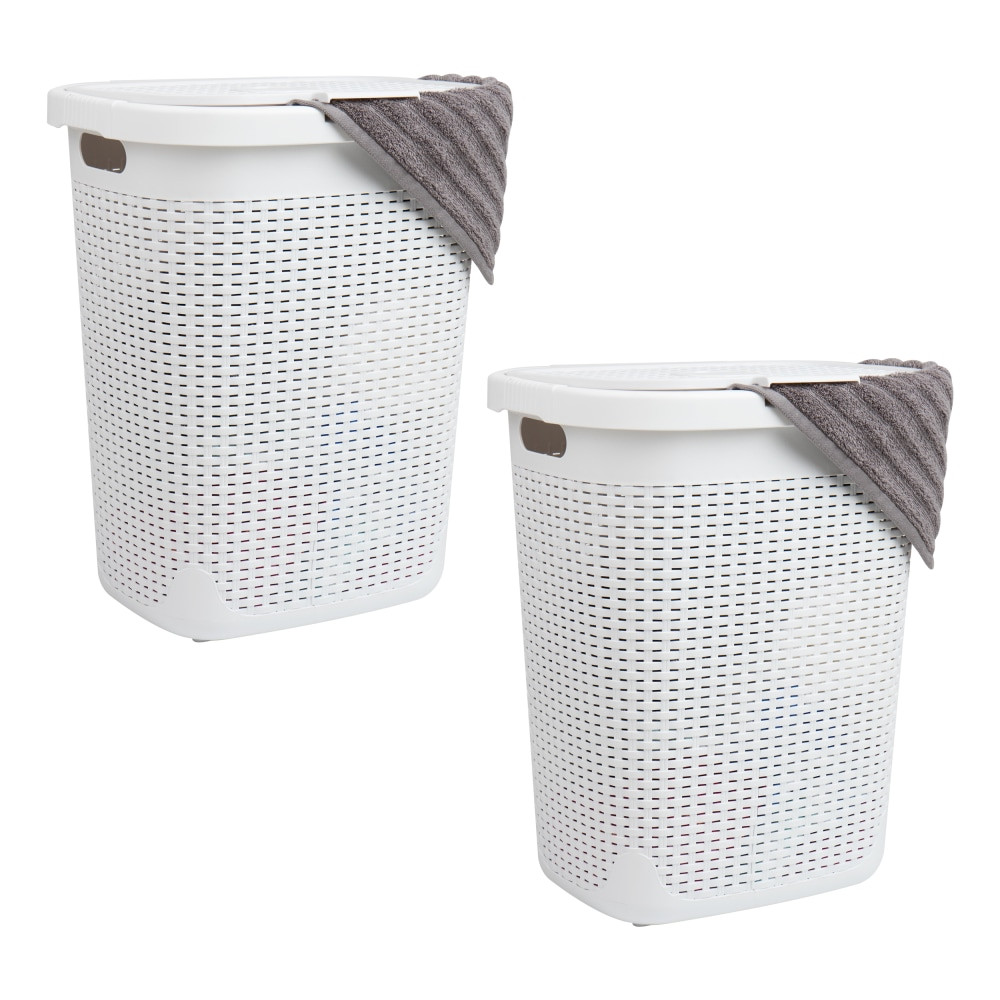 EMS MIND READER LLC 50HAMP2PK-WHT Mind Reader 50L Slim Laundry Hamper Clothes Basket with Lid, 21inH x 13-3/4inW x 17-33/20inL, White, Set of 2