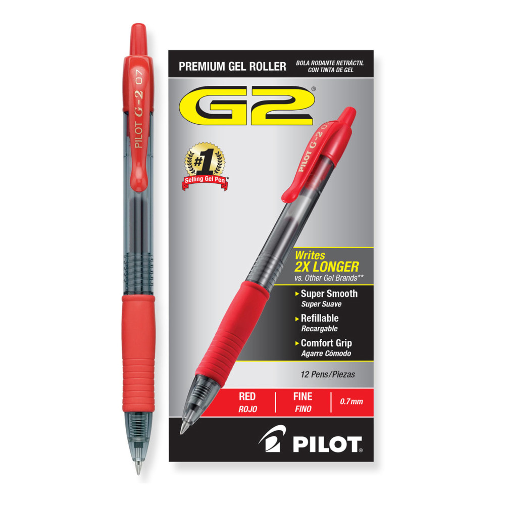 The Pilot G2 Premium Gel Roller is the ultimate pen for the everyday overachiever. Smooth-writing gel ink glides onto the page.  Smooth writing and smear proof  Comfortable, latex-free rubber grip  Fine Point (0.7mm) tip delivers crisp, precise lines  Retractable and refillable with visible ink supply  Red Ink  Refillable - designed to be used repeatedly, helping you avoid single-use disposables and potentially save money.
