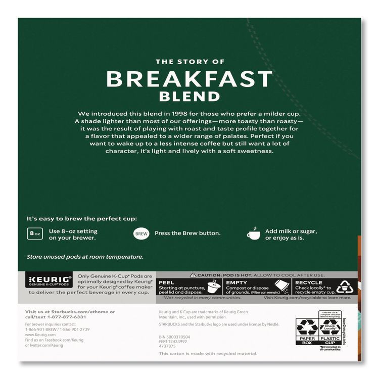 STARBUCKS COFFEE COMPANY 011111157CT Breakfast Blend Coffee K-Cups, 96/Carton