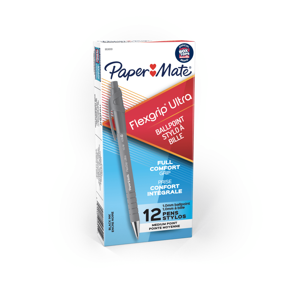 NEWELL BRANDS INC. 95301-1 Paper Mate FlexGrip Ultra 42% Recycled Retractable Pens, Medium Point, 1.0 mm, Gray Barrel, Black Ink, Pack Of 12