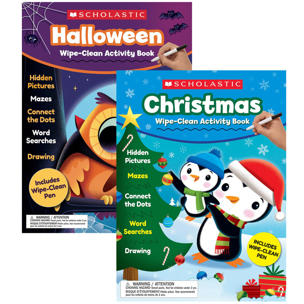 Enjoy holiday-themed fun with this Scholastic Teacher Resources Holiday Wipe-Clean Activity Book Bundle. These fun activity books are Halloween and Christmas themed so your child can enjoy hours of fun while practicing key skills.  Includes 2 holiday-themed books: Halloween and Christmas.  Includes 56 pages of activities in each book.  Wipe-clean design for reuse.  Helps develop key skills.