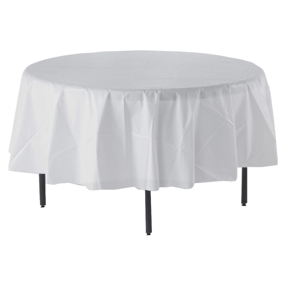 GENUINE JOE 10330  Plastic Round Table Covers, 48in-60in Diameter, White, Pack Of 6