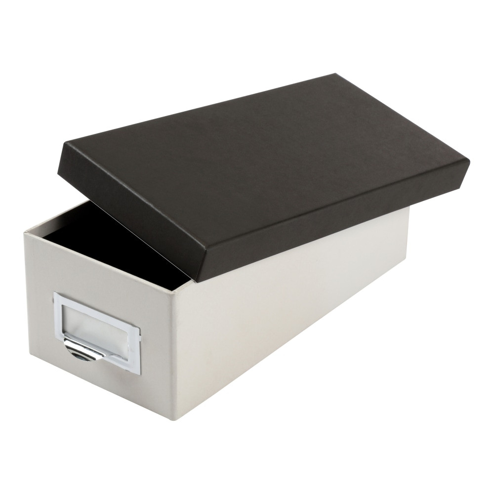 Keeping your index cards organized is easy with this storage box. Ideal for notes, recipes and more, this box keeps the contents upright and features space for a label.  Ideal for organizing index cards with notes or recipes.  Adjustable follower keeps cards upright.  Metal holder accommodates a label.  Small lip makes the box easy to pull off a shelf.  Each storage box with lid holds up to 1,000 cards; index cards sold separately  Includes a lightweight, adjustable follower to keep note cards upright and ordered even when its not full  Customizable metal label holder is similar to library card file-pull of the shelf with ease  Contains Recycled Content - See Specs for Details.