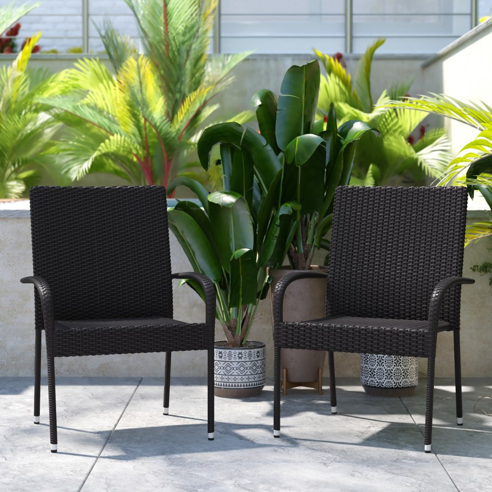 FLASH FURNITURE 2TW3WBE073BK  Maxim Indoor/Outdoor Wicker Dining Chairs, Black, Set Of 2 Chairs