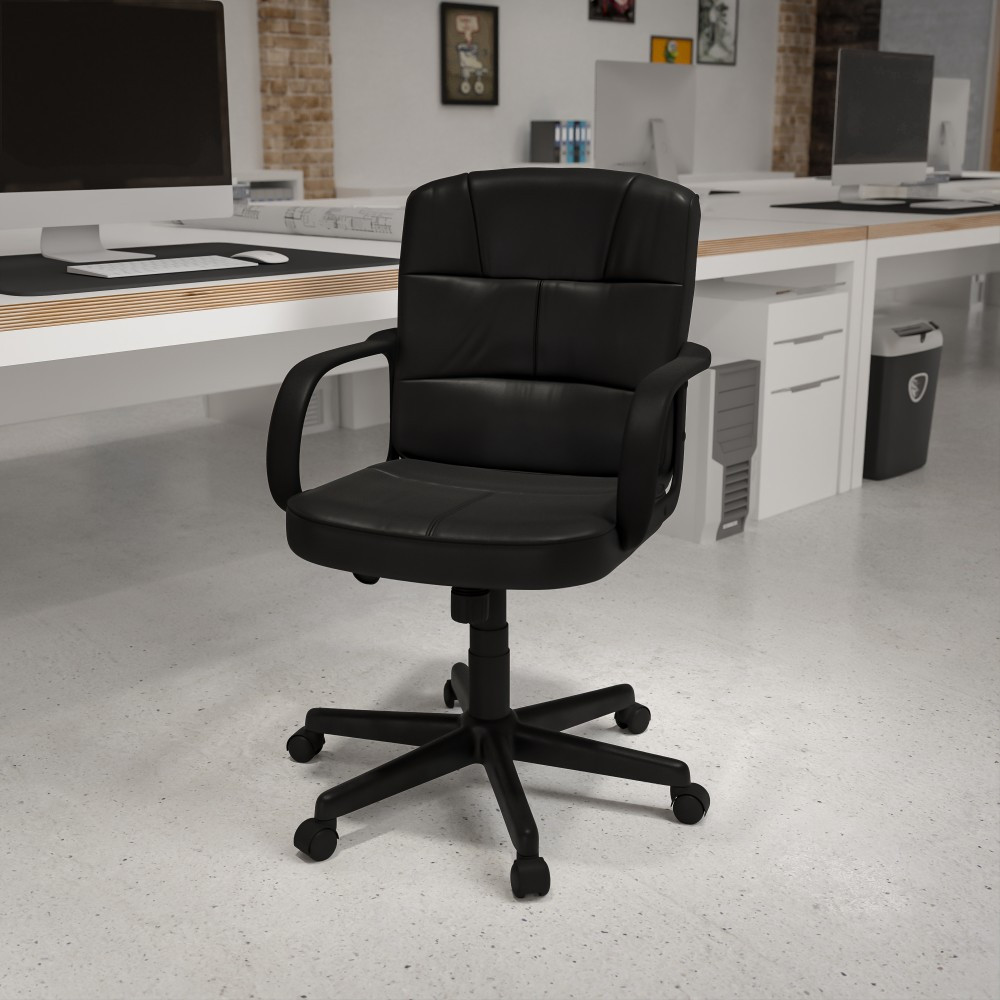 FLASH FURNITURE GO-228S-BK-LEA-GG  LeatherSoft Faux Leather Mid-Back Swivel Task Chair With Arms, Black