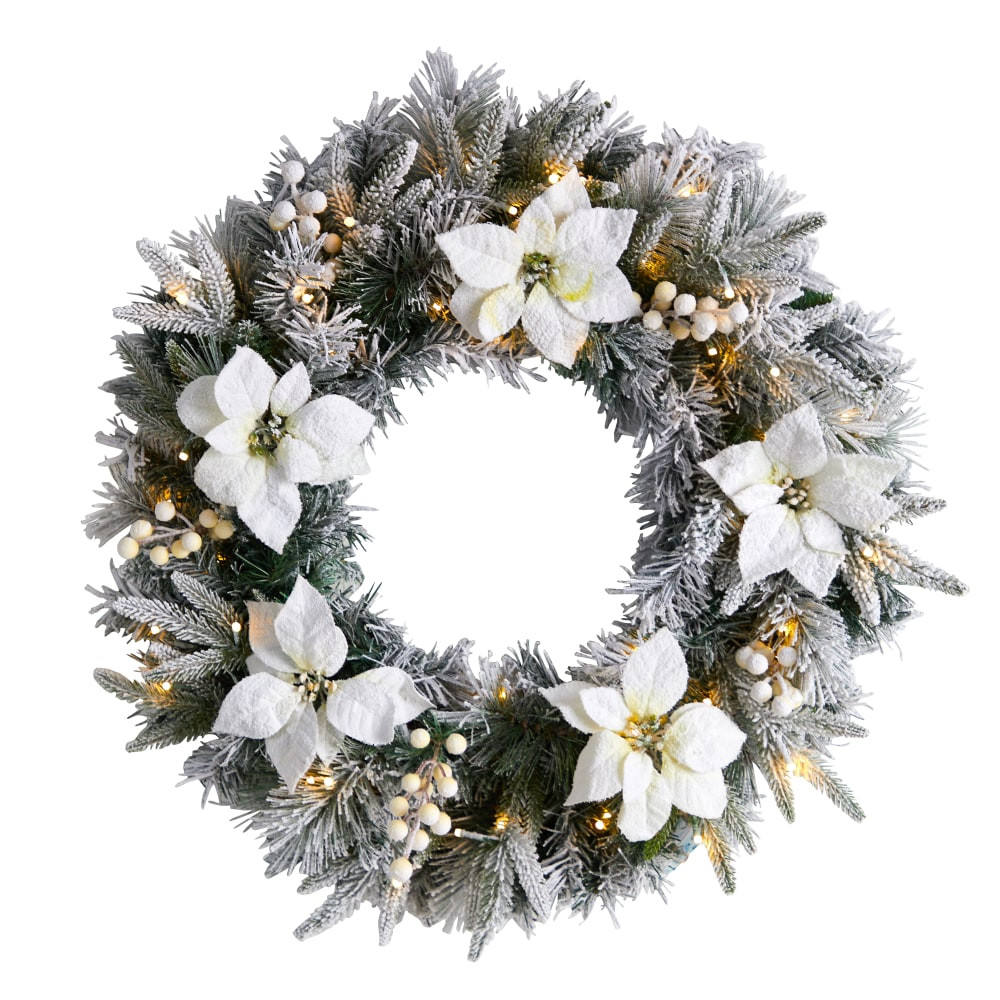 NEARLY NATURAL INC. Nearly Natural W1307  24inH Flocked Poinsettia And Pine Artificial Christmas Wreath With 50 LED Lights, 24in x 5in, Green