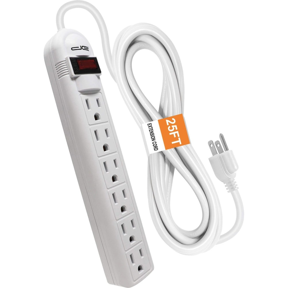ETL/Intertek listed; conforms to UL Standard 1363  2 keyhole style mounting holes in the back  Rated for 15 amps/120 volts/60 Hz/1,875 watts  350 Joules of surge protection  14/3 gauge wire  White  6-outlet surge-protector power strip with lighted on/off switch  Helps save energy - designed to limit the energy used by other products, potentially helping you reduce your carbon footprint and save money.